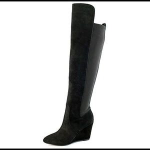Knee high black suede wedge boots